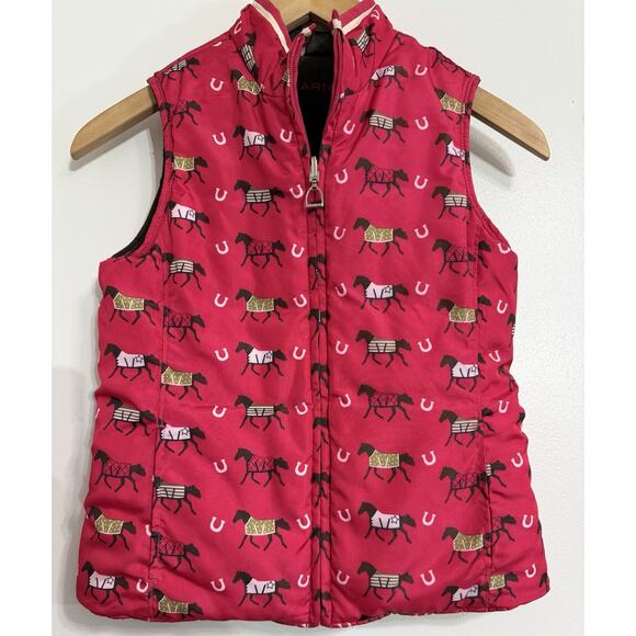 Ariat Puffer Reversible Vest Brown Pink Horse Print Girls Size Large Youth 12 - Picture 1 of 4